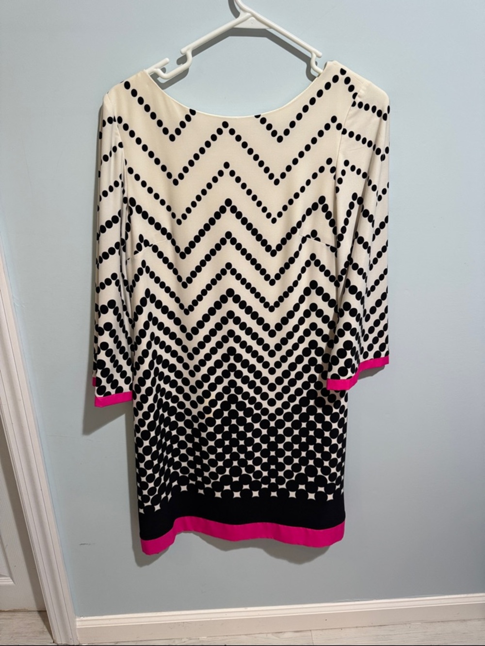 Eliza J Cream and Black Chevron Dot Long Sleeve Dress with Pink Trim